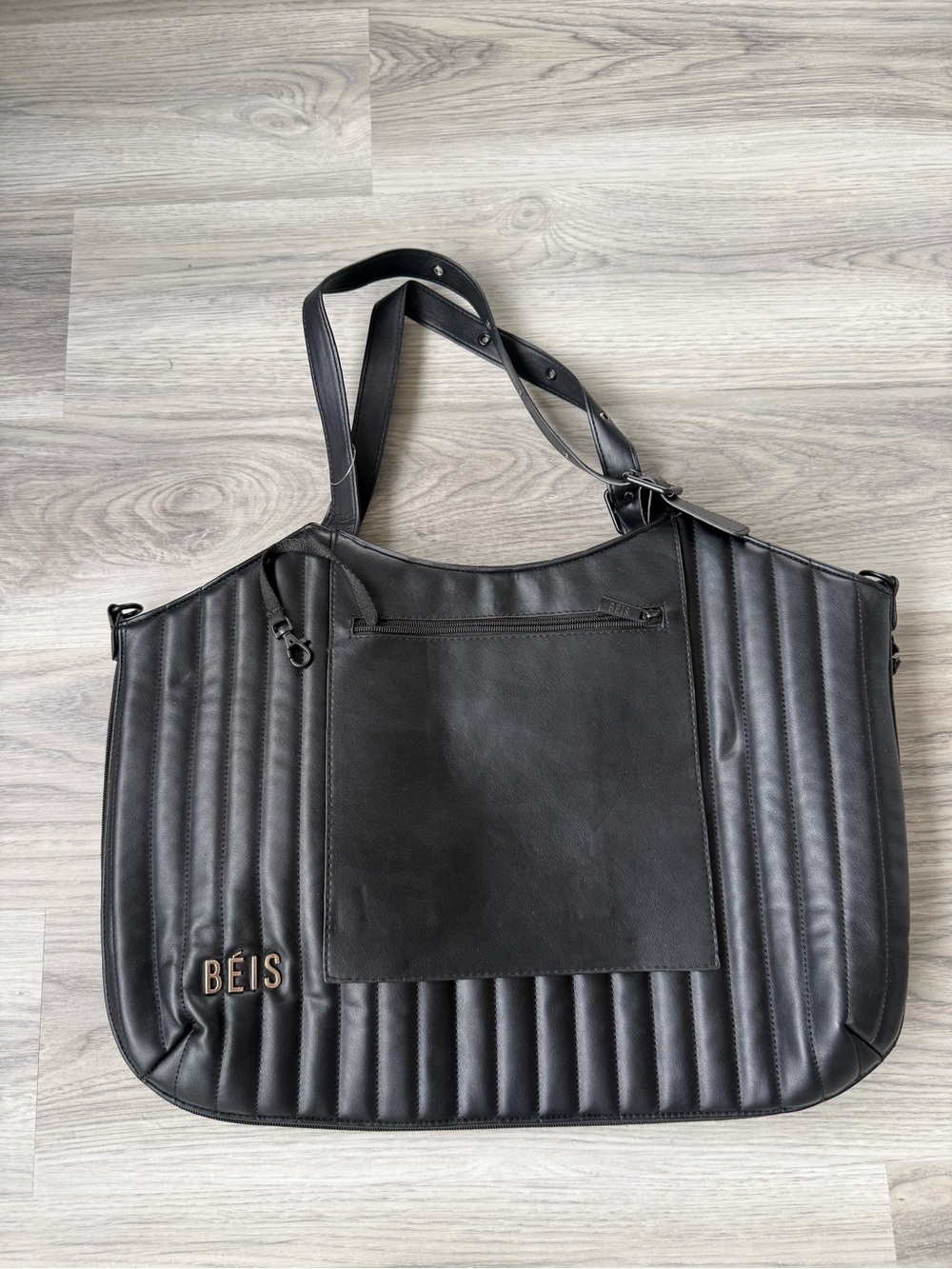 BEIS Black Quilted Faux-Leather Tote with Front Patch Pocket